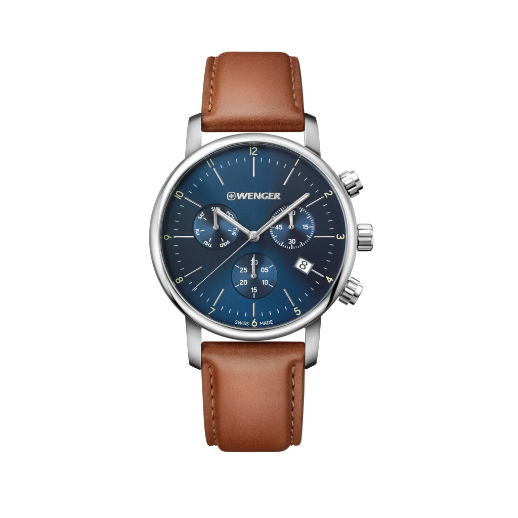 Wenger Urban Classic Chronograph Quartz Blau/Braun Leder Ø 44mm