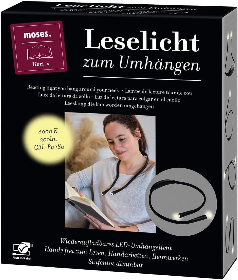 moses. libri_x Leselicht zum Umhängen, Hals Leselampe mit 2 stufenlos dimmbaren LED-Lichtern, Wiederaufladbare Leuchte für zuhause und unterwegs, Lichter einzeln einschaltbar und flexibel anpassbar