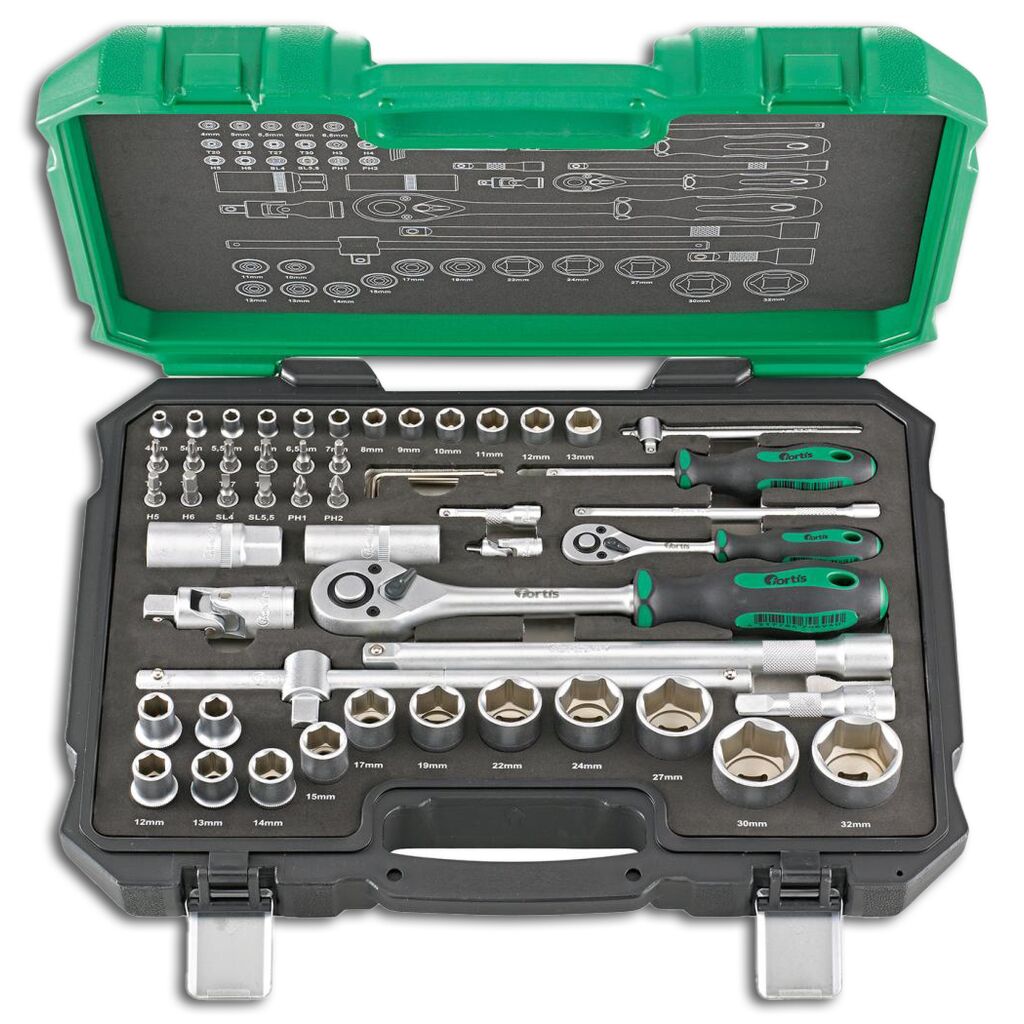 Fortis Steckschlüsselgarnitur 1/4 Zoll und 1/2 Zoll 55 Teile