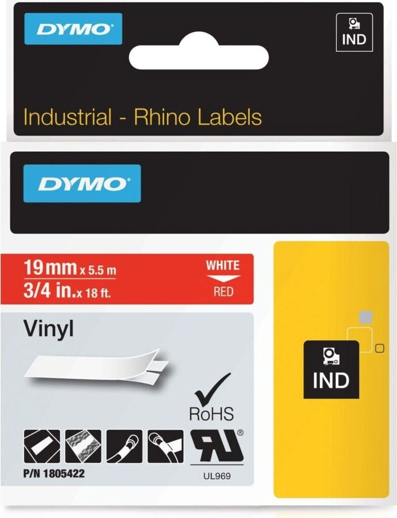 DYMO 1805422 Schriftband vinyl 1,9cm 5,5m weiß/rot