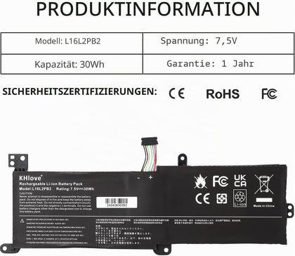 KHlove Laptop Akku für IdeaPad 320 L16M2PB1 L16M2PB2 L16C2PB2 L16L2PB2 5,2Ah