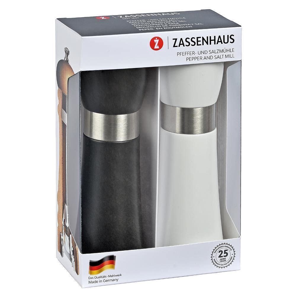 Zassenhaus Mühlenset HAMBURG Buchenholz | Geschenkset | Schwarz & Weiß | mit stufenlos verstellbarem Keramikmahlwerk | befüllte Gewürzmühlen | Ø 5,5, H: 18 cm