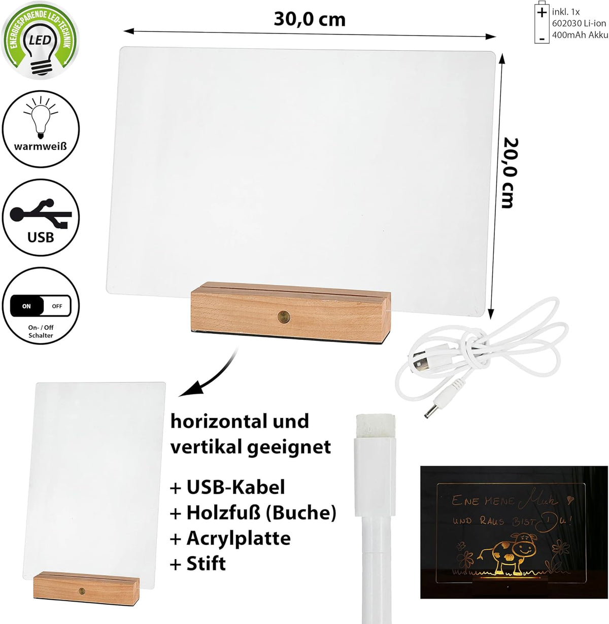 LED Memoboard Message Board +Stift Warmweiß 30x20 Acryl Buche Holzsockel USB