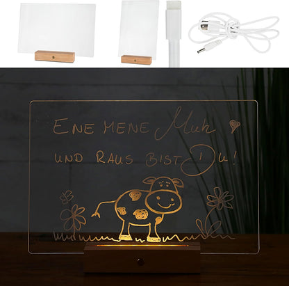 LED Memoboard Message Board +Stift Warmweiß 30x20 Acryl Buche Holzsockel USB