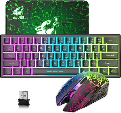 LexonElec kabelloses Tastatur Maus Gaming-Set RGB, 61 Tasten, wiederaufladbar, 6 Tasten-Maus, Schwarz QWERTY