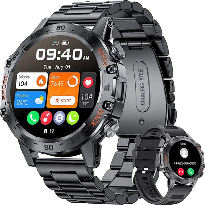 LIGE Smartwatch Herren mit Metallband, 1,39 Zoll Militär Smart Watch mit Herzfrequenz, Blutdruck, Schlafüberwachung