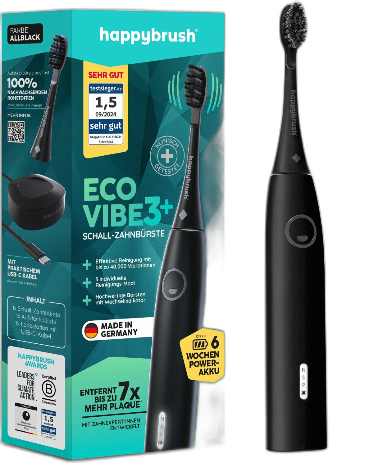 happybrush StarterKit Eco Vibe 3+ Schall-Zahnbürste, schwarz