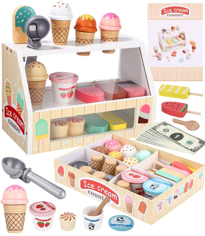 Eisdiele aus Holz für Kinder Spielzeug mit Eistheke, Speisekarte und Spielgeld